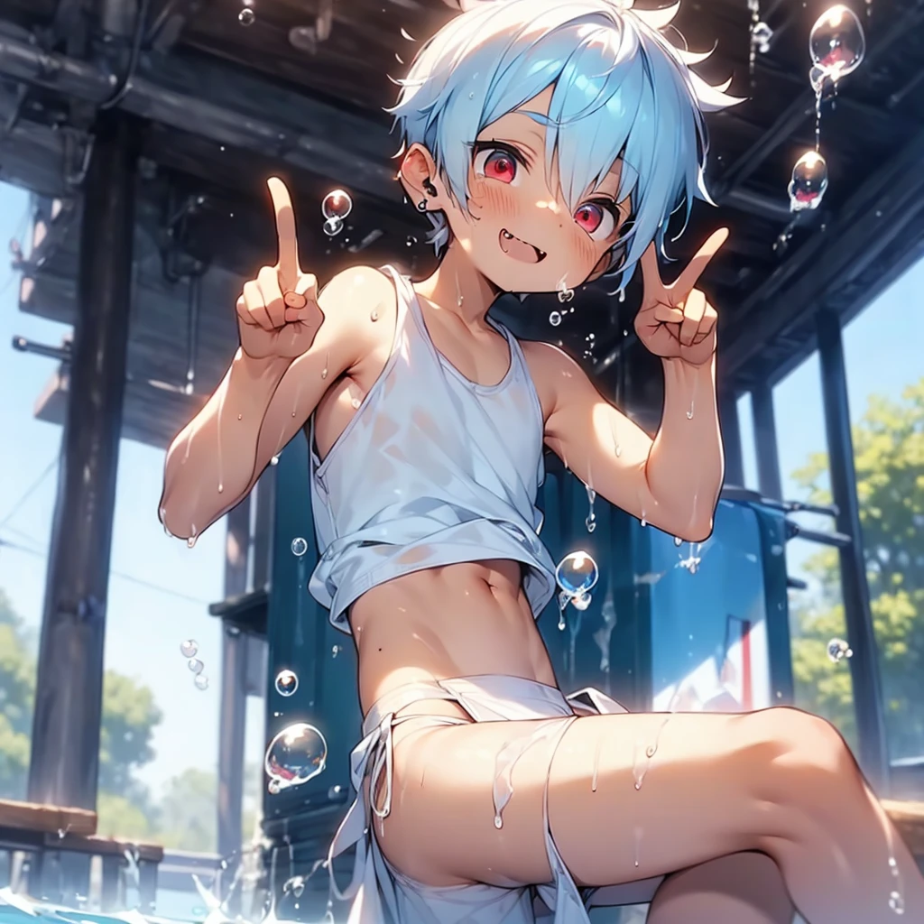 (solo:2), (boldline:-1.7), (peace sign:1.75), (arched back:1.2), ((bubble)), (spread legs:1.3), (standing:1.5), (((fang))), (((best finger))), BREAK (best quality:1.5), (absolutely resolution:1.5), (ultra detailed:1.5), (masterpiece:1.5), (perfect face), (detailed face), (detailed eyes), (best eyes), (cute face), (shota:2.1), BREAK (white tank top:1.5), BREAK (white loincloth:1.5), (see throgh wet clothes:1.4), (bulge:1.6), (skinny:1.3), (spiked hair), BREAK (light blue hair:1.5), (wine red eyes:1.4), (eyes with highlight:1.6), ((mole under eye)), (sweaty skin), (chuckling:1.5), ((earrings)), (shiny skin:1.3), BREAK (nature), (river), (forest), (sunlight), ((wind blowing)), ((nipple)), (abs), groin, water splashing, from below,