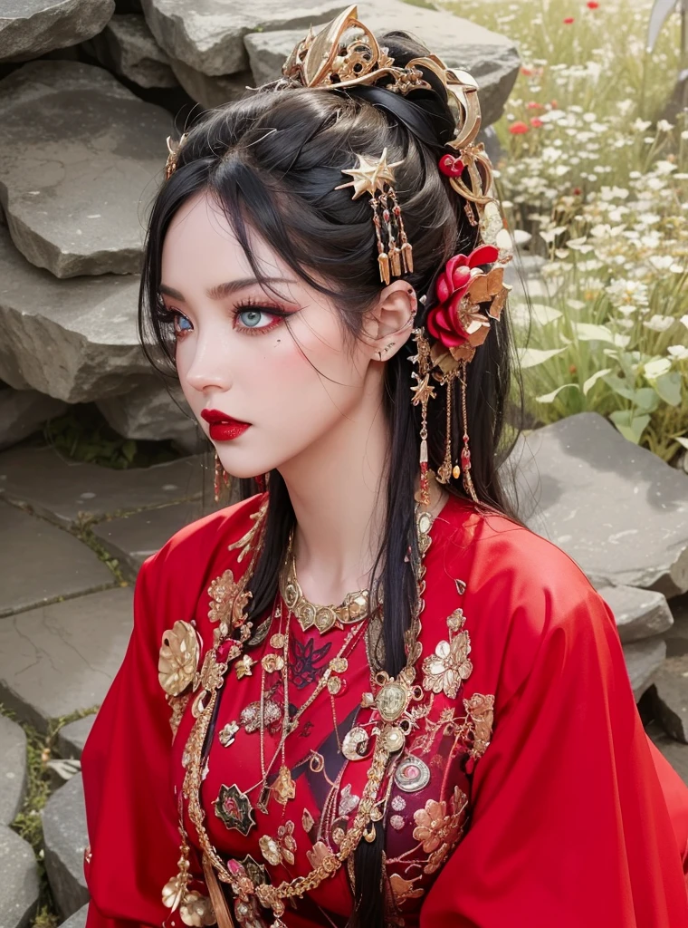 Game Art，Best image quality，Maximum resolution，8K，(A bust photo)，(portrait)，(Head close-up)，(Rule of Thirds)，Unreal Engine 5 rendering works，20 year old girl，((Queen))，The eyes are very detailed，(Large Breasts)，Elegance and nobility，Light，Light线追踪，Game CG，((3D Unreal Engine))，OC rendering reflection mode，4K，Ultra-clear，Sensual，Translucent lace，Fair and plump figure，Pretty Face，Light泽凝胶涂层，身着华贵礼服的Queen，Crystal Gem Crown，Necklace jewelry，blue eyes，The tattoo is very three-dimensional，Gorgeous and intricate tattoo designs，Ultra-clear portrait，Sexy body，Temple Princess，Sapphire eyes，Fine gold and diamond jewellery，Luxurious Chinese wedding dress，A fan