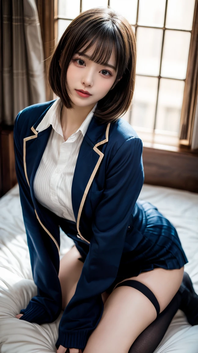 (Realistic depiction of eyes:1.3), ((1 Girl, 1 high school girl)), The background is a room in a luxury hotel、 uniform、blazer 、Super Short Check Uniform Skirt、Navy blue knee-high socks、garter belt、 Short Bob Hair, Black hair color, Huge breasts, Big Natural Color Lip, Bold sexy pose, (Perfect figure), Crying a little、Cold Stare, Harajuku Style、Beautiful Makeup,Glitter makeup,The cutest 18 year old, Beautiful legs, Burning idol pose, Voluptuous thighs、BREAK ceremony,((Random sexy poses、Deep joy, Ecstatic eyes:1.2)), ((I gasp hard:1.2))、Ecstatic face、Climax expression, Through clenched teeth、My whole body is convulsing、Official Art，非常に詳細な CG Unity 8K 壁紙, (masterpiece:1.0),(Highest quality:1.0), photo shoot, 8K, Browsing Caution, High resolution, Kodak Portrait 400, Film Grain, Lens flare brilliance,Very low camera angle, View your viewers