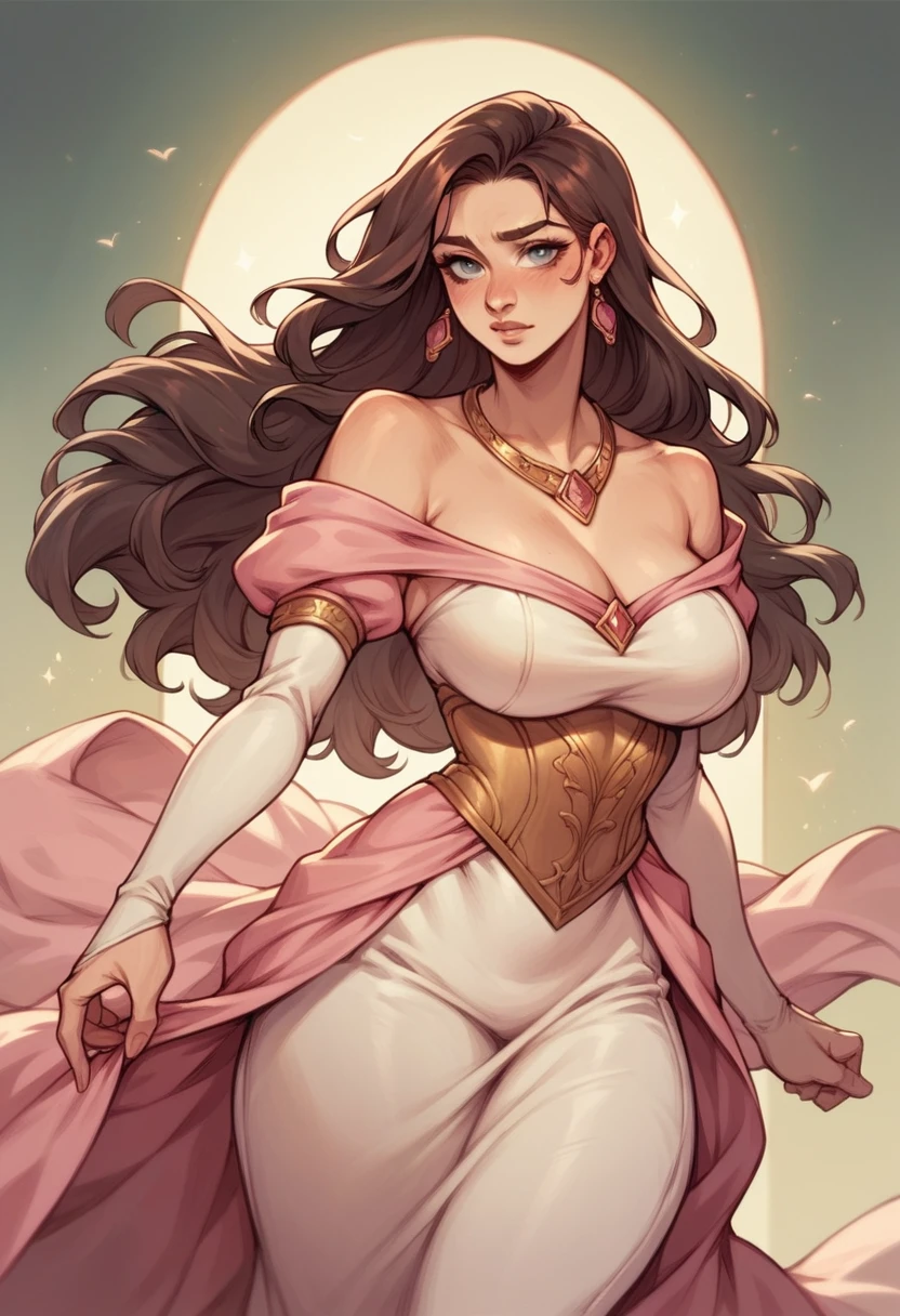 Mucha's style,Big-breasted girl with a full view of her pussy,Sexy poses,Arcaniic smile,(Medieval female wizard)),(Mucha in the background)