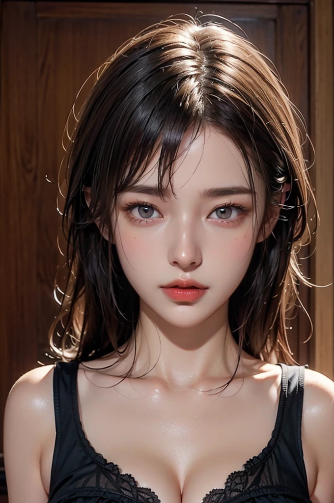 1girl, face portrait, close up, neck and shoulder clearly visible, no jewelry, no accessory, in the night, (extremely dark:1.2), super crisp eyelash details, ultra eye detail, (blushed face:1.2), (shiny skin:1.2), bumpy and buffed body,     (Masterpiece:1.2), (best quality), (illustration:1.2), (ultra-detailed), hyper details, (delicate detailed), (intricate details), (photo realistic), (Ridiculous resolution),