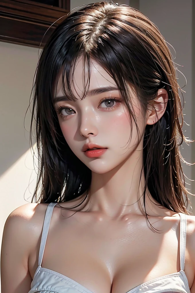 high quality work,Realistic artwork,Ultra Premium Graphics,8K HD CG Works,High quality graphics,High-definition and elaborate CG work,10x pixels,Ultra-fine detail:1.1,Advanced Technical Details:1.1Realistic photo effects,Indoor lighting effects:1.5,Natural soft light:1.5. Light effects(Virtual Lighting Effects:1.8),Ultra-high resolution,Clear Eyes,Double eyelids are beautiful, Pretty face, The face shape is perfectly balanced, ハイパーフォトrealism, Cinema Lighting, projected inset, Surrealism, masterpiece, realism,Great cleavage,Emphasize the chest、Provocative Camisole