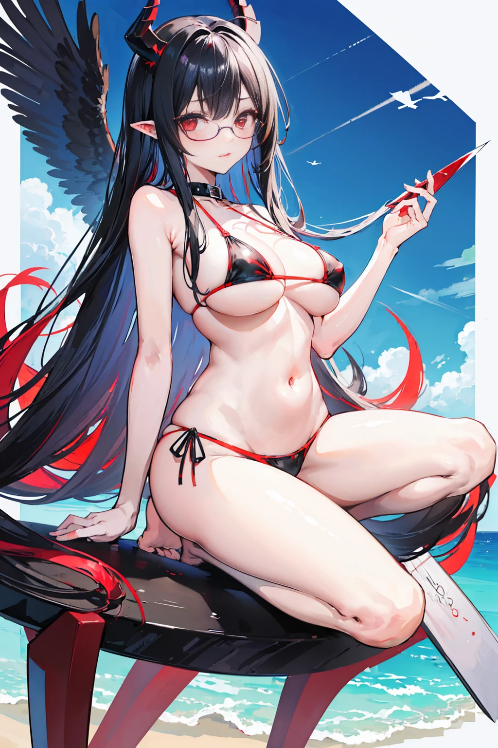 "anime girl, 1 person, black hair, shoulder length hair, red eyes, glasses,((with white horns)), black crow wings behind, female, adult girl, swimsuit, bikini, breasts big, flip flops, lewd face, blushing, licking lips, close look, tourist beach, (sharp image)"