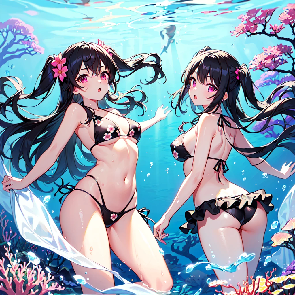 masterpiece, best quality, high quality, extremely detailed, very delicate and beautiful, (2female 18 years old two:1.3), (long black hair up to waist with two side up:1.4), bangs to eyebrows, eyes (1.4), (long black hair, two-side up to waist:1.4), (forelock to eyebrows), (eyes sharp and strong, glossy glossy eyes, eyebrows glossy: 1.3), (eye color magenta: 1.3), 6.5 head height, (summer flower print in bikini swimsuit: 1.3), (swimming: 1.3), (dynamic pose), (background deep sea underwater: 1.3)