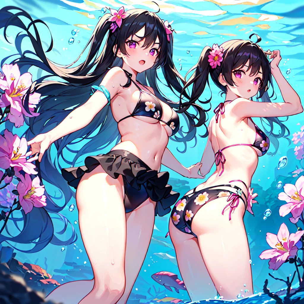 masterpiece, best quality, high quality, extremely detailed, very delicate and beautiful, (2female 18 years old two:1.3), (long black hair up to waist with two side up:1.4), bangs to eyebrows, eyes (1.4), (long black hair, two-side up to waist:1.4), (forelock to eyebrows), (eyes sharp and strong, glossy glossy eyes, eyebrows glossy: 1.3), (eye color magenta: 1.3), 6.5 head height, (summer flower print in bikini swimsuit: 1.3), (swimming: 1.3), (dynamic pose), (background deep sea underwater: 1.3)