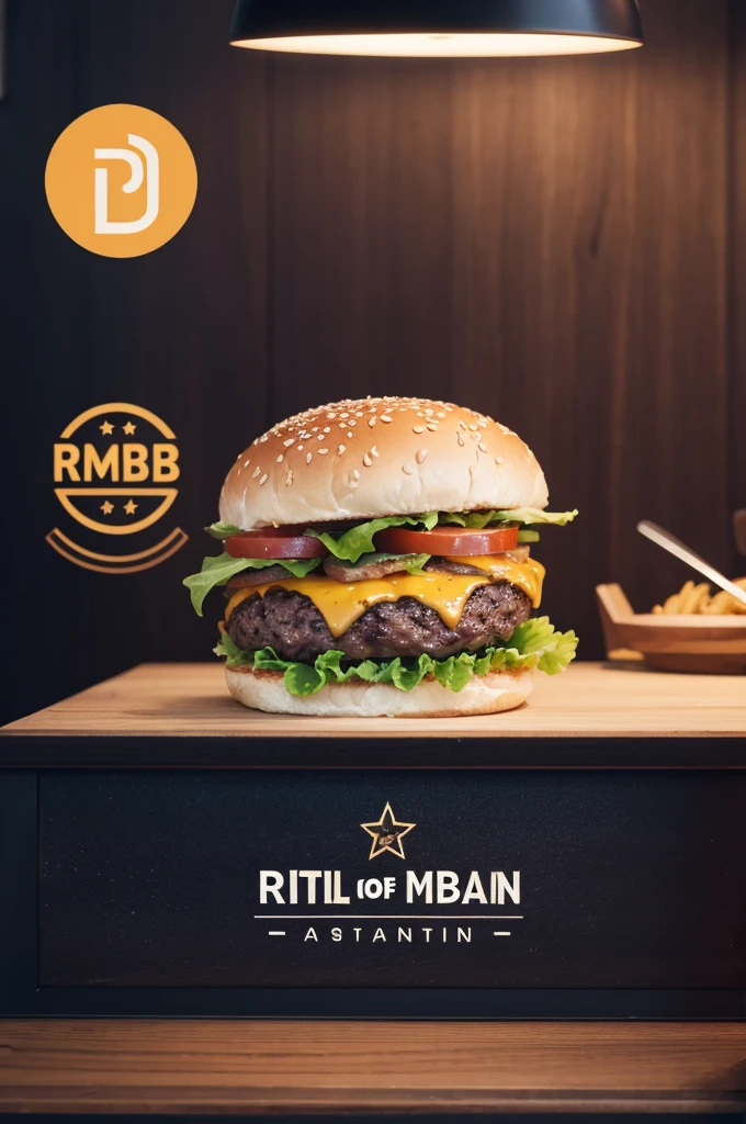 Help me create a logo for a burger restaurant with a giant hamburger on the front, 2 asymmetrical mountains in the background, the name RIMB at the bottom and everything inside a starry circle