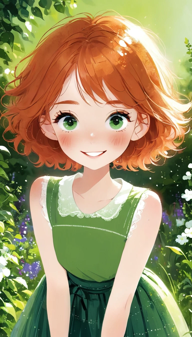 1 Girl,sxfrances,short hair,Orange Hair,Green Eyes,freckle,Long skirt,In the Garden,Smile,Solitary