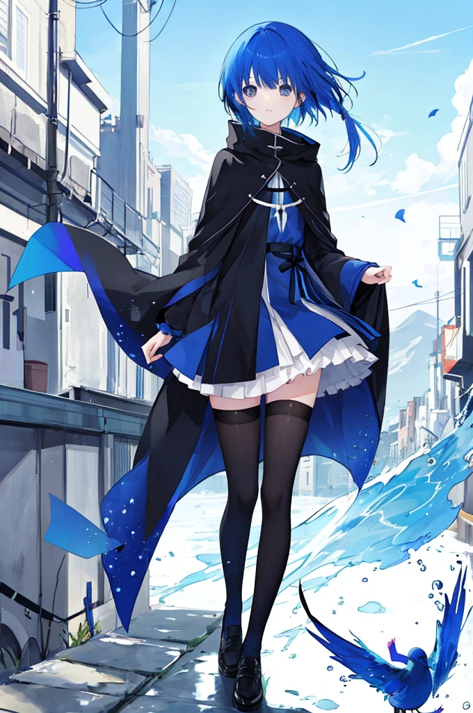 Girl、Blue hair short、Black cloak、stockings