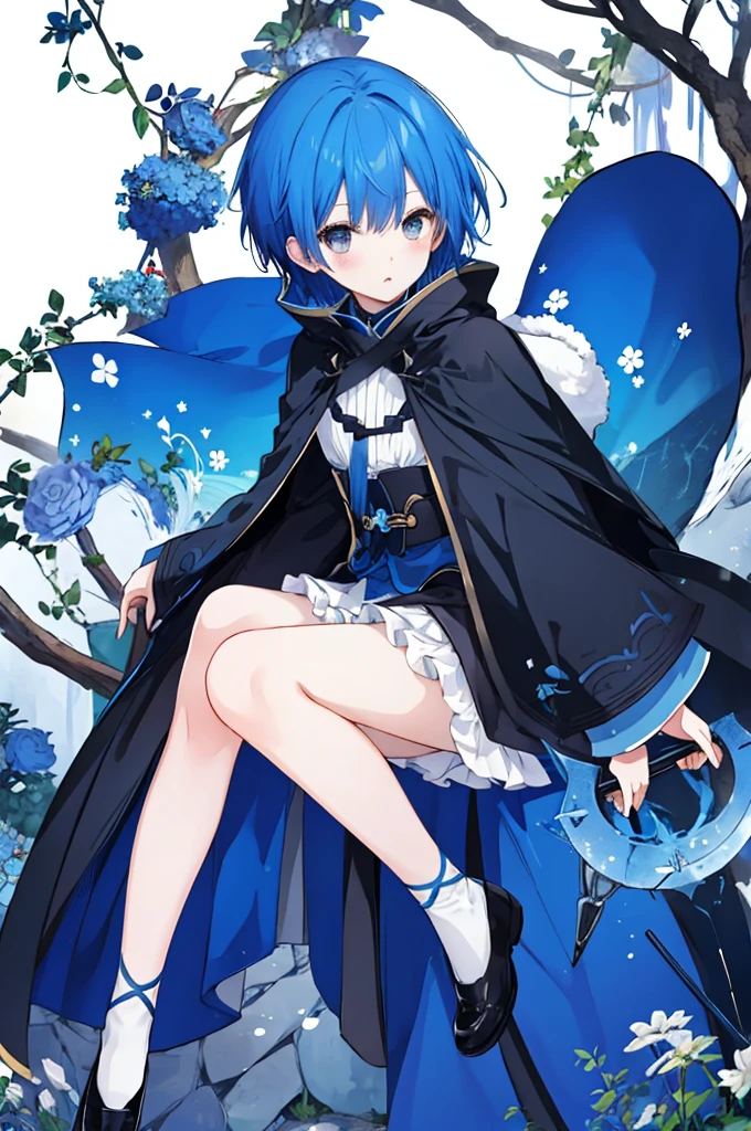 Girl、Blue hair short、Black cloak、stockings