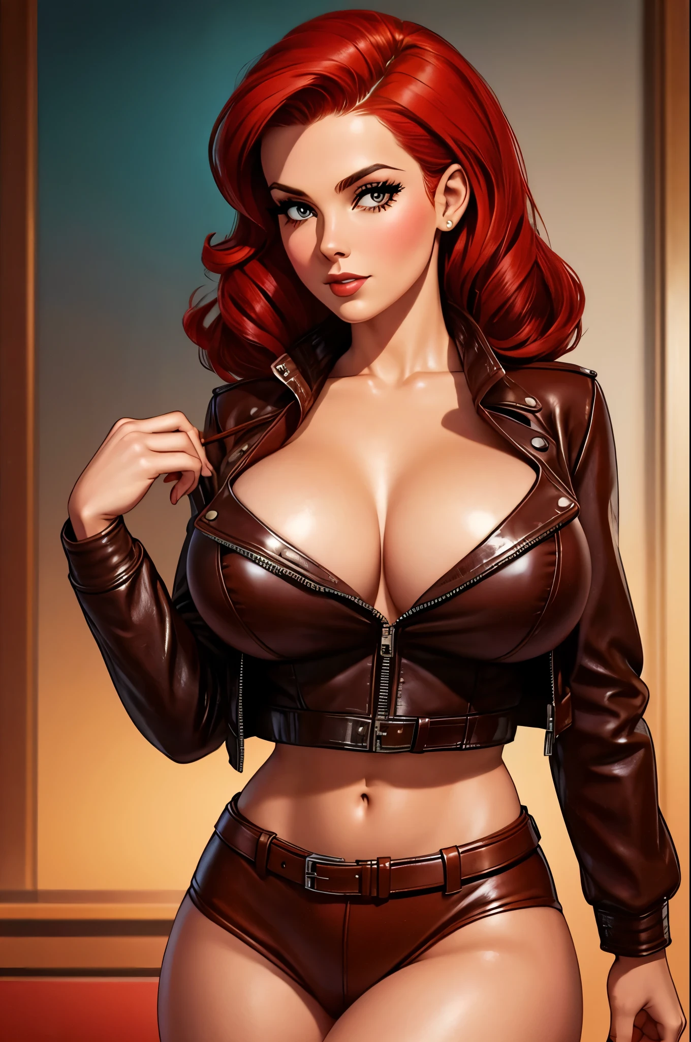 gorgeous woman, vintage pin up, topless, leather jacket, red hair