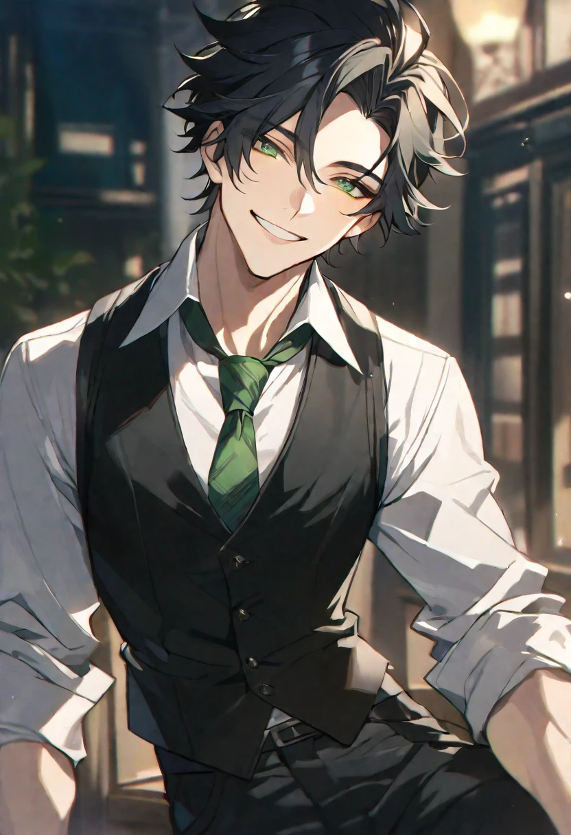 Solo, 1 male, handsome, black hair, green eyes, white shirt, green tie, black vest, black pant, smile facial