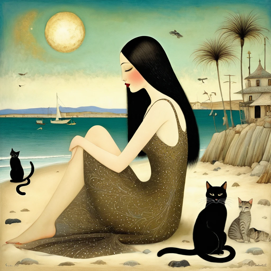 Art style by Sam Toft, Florine Stettheimer, Dina Wakley, Catrin Welz-Stein, Gabriel Pacheco, Elisabeth Fredriks, of Young European woman with long black hair, sweet light brown eyes, sitting on the beach brushing her hair. Around cats long necks, long tails. Art Deco, Wide-Angle, elegant intricate patterning 8k very attractive fantastic view ultra detailed quality crisp very cute naive acrylic art