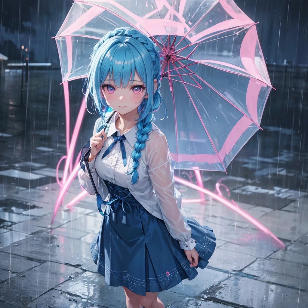 sky Blue hair, (braided ponytail),(pink eyes),fair skin ,(full body),(1 girl),smile,Straight Bangs,rainy season,rainy,(masterpiece, best quality, ultra-detailed, best shadow), (detailed background), (beautiful detailed face), high contrast, (best illumination, an extremely delicate and beautiful), ((cinematic light)), colorful, hyper detail, dramatic light, intricate details,Walking in the rain with an umbrella,