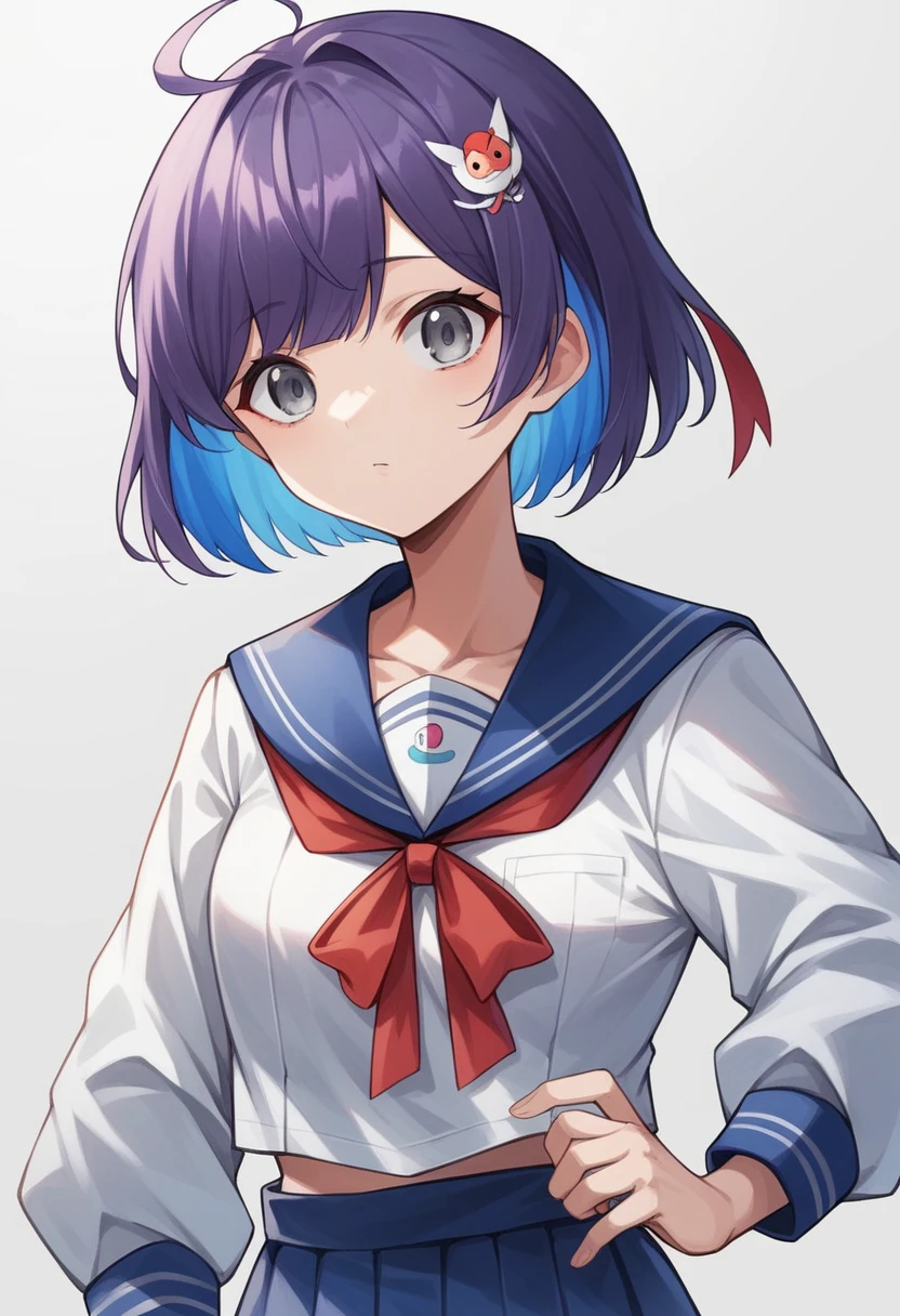 「masterpiece, Highest quality, High resolution, Anime Style, Short Bob, Dark purple hair, Blue Highlights, Bangs are straight and not bouncy, Gray Eyes, Blue and white outfit, Red ribbon accent at neck, A large blue trefoil hair ornament on the left side of the head」Nei point,Nei point(Nijisanji),Sailor suit,Tabasco accessory on chest,Large eyes,