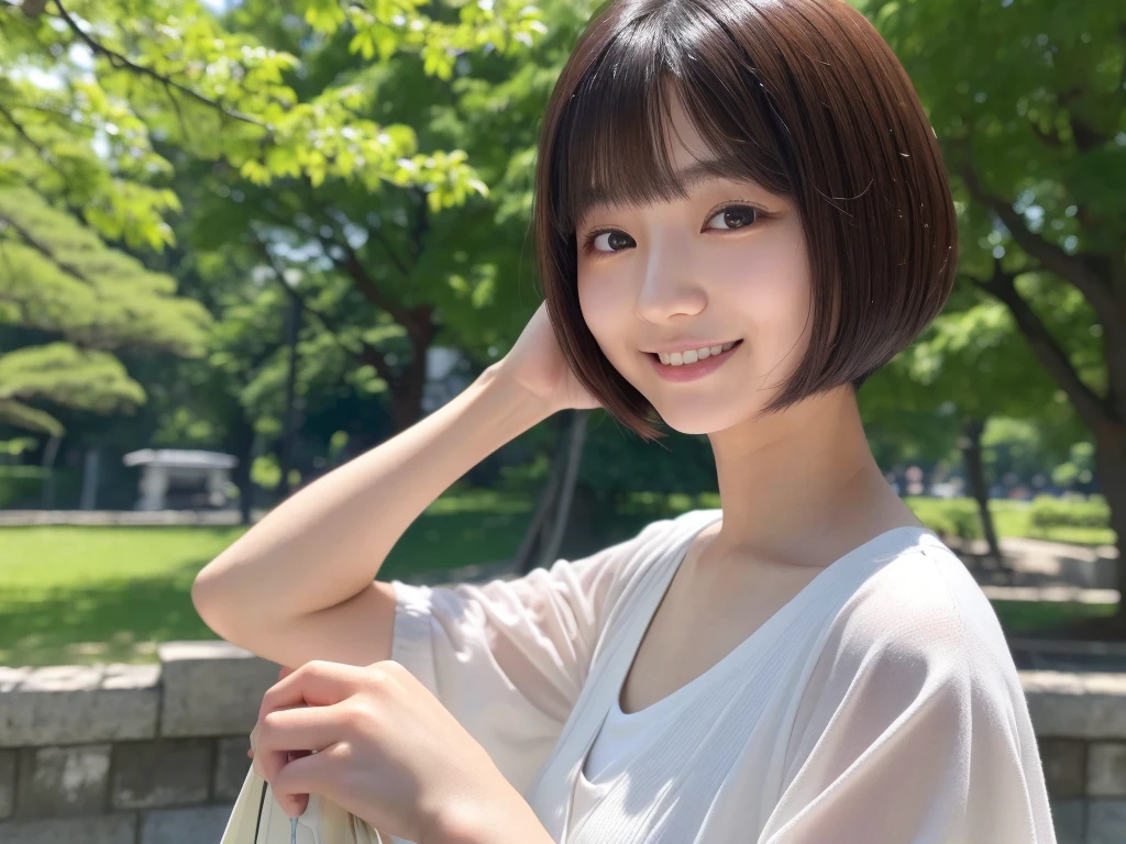 (best quality:1.2), masterpiece, Realistic, Ultra-high resolution, (((1 Japanese woman:1.2))), , Bobcut, ((wearing write camisole:1.2)), 手を頭の上に, smile, Park during the day