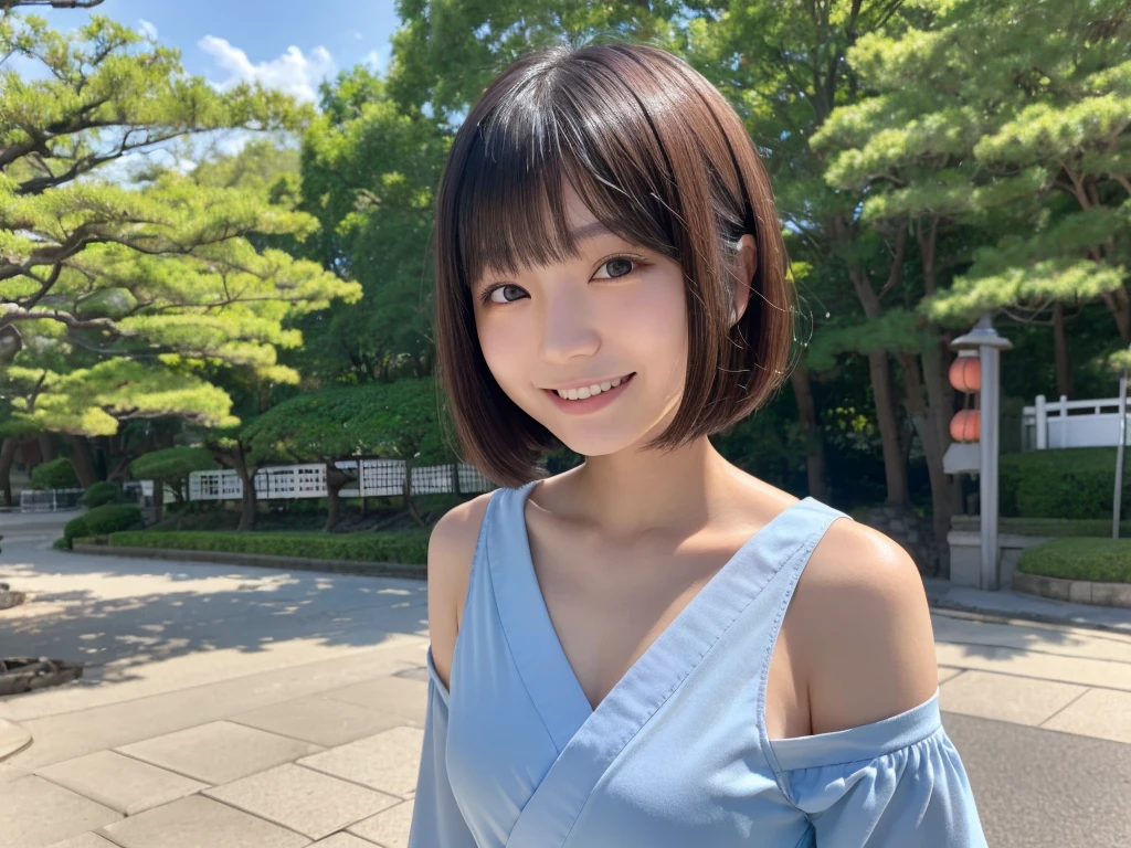 (best quality:1.2), masterpiece, Realistic, Ultra-high resolution, (((1 Japanese woman:1.2))), , Bobcut, ((wearing write camisole:1.2)), 手を頭の上に, smile, Park during the day
