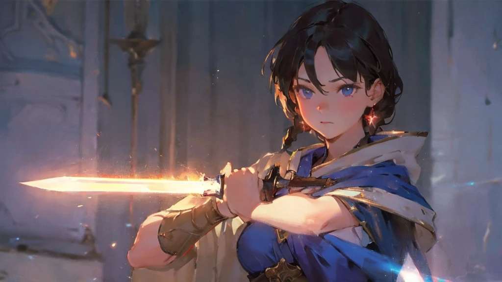 1girl (wielding a sword). Beautiful lights, iper-realistic, masterpiece, cinematic lighting, best quality.