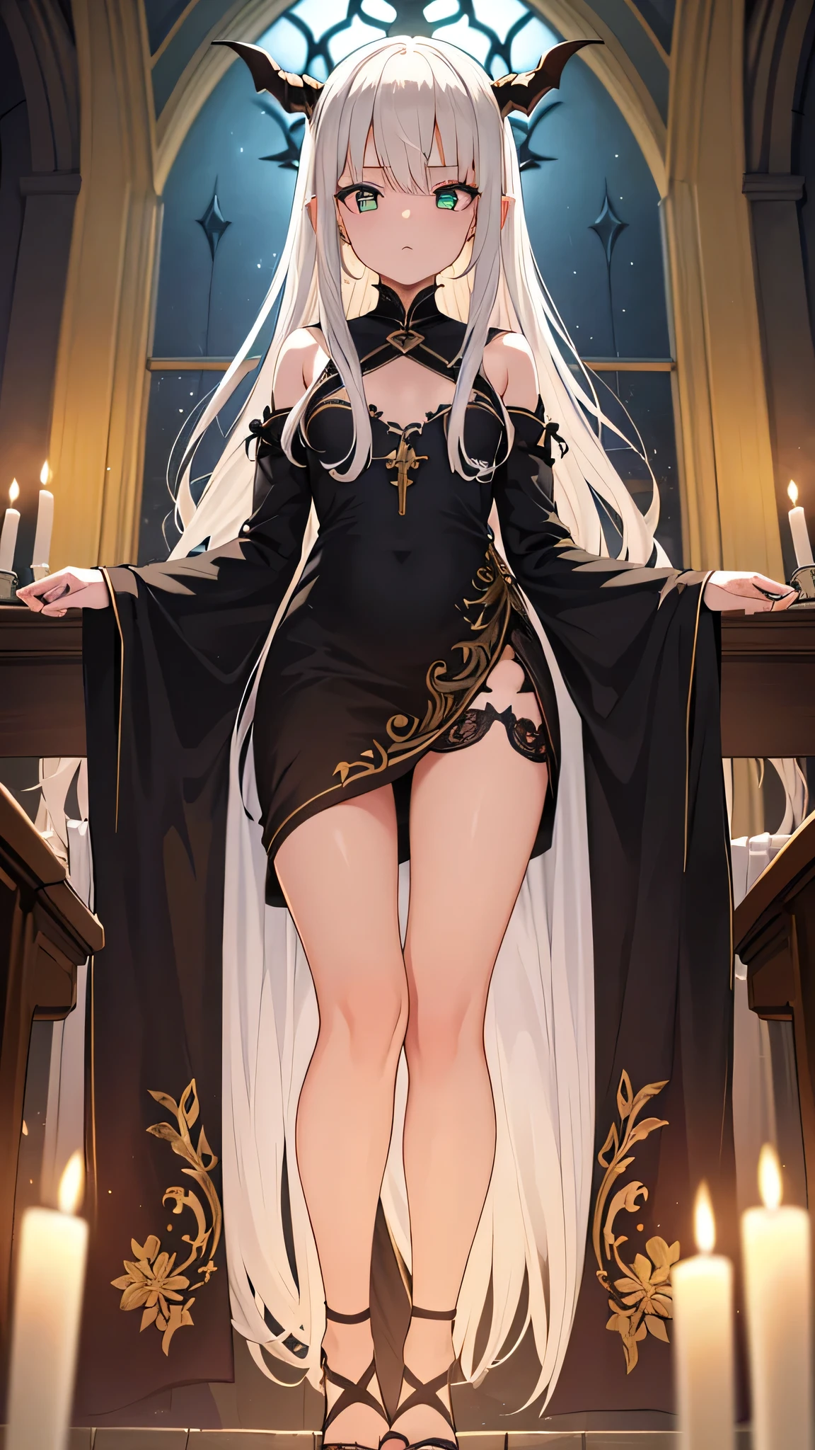 Masterpiece, top quality, best quality, official art, beautiful and aesthetic, anime, 1girl,extremely detailed, colorful, more detailed ((ultra-detailed)), (highly detailed CG illustration),Best Quality, High resolution, Unity 8k Wallpaper, (Illustration:0.8), (Beautiful detailed eyes:1.6), extra detailed face, Perfect Lighting, extremely details CG, (Perfect hands, Perfect Anatomy), church, benches, icons, candles, dark light, crosses, 1girl, 30 years,long white hair,big red eyes, devil horns,long robe,small breast,skinny fit, small ass,long legs,stockings,stocking suspenders,thighs,heels,in middle,looking in camera,from behind,sitting on knees,bend over,showing ass