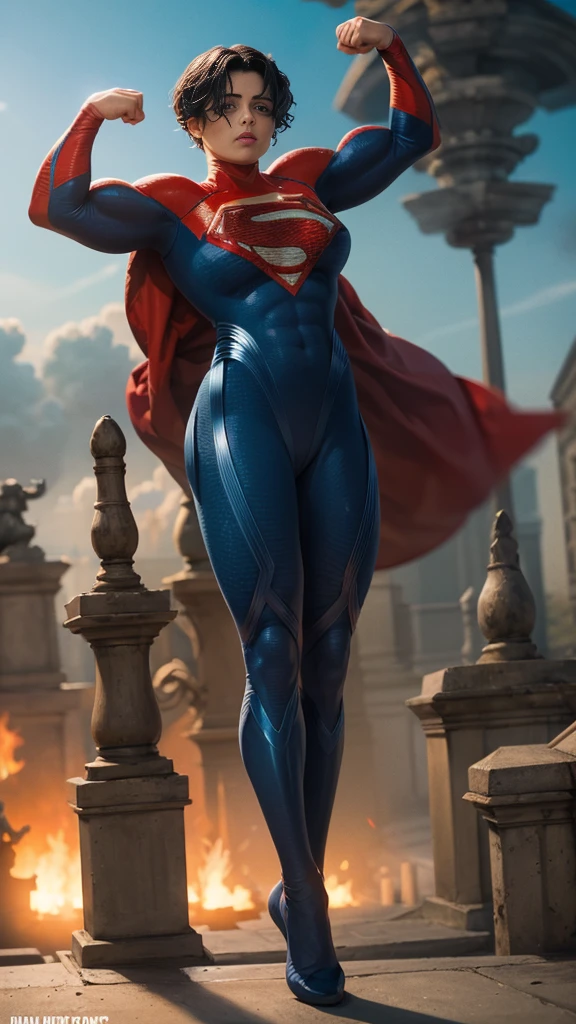 solo, 1girl, 5uper, supergirl, black hair, pixie haircut, blue eyes,muscular strong body,big bulging biceps, blue bodysuit,posing,flexing, long sleeves,high detail,realistic
