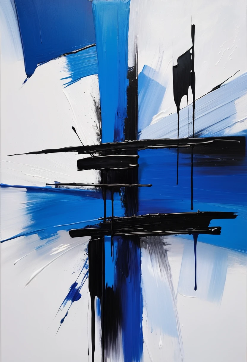 Blue on white background、Black oil painting, 现代Minimalism艺术品,Show love for life,( ( Brush Strokes ) ), ( ( Abstract ) ), ( Brush Strokes ), Inspired by Hans Hartung, inspired author:Franz Kline, author:Franz Kline, lyrical Abstraction, Abstract realism, an Abstract, Abstract Minimalism, Abstract and / or modernism, Brush Strokes oil painting, Minimalism, Blue and black