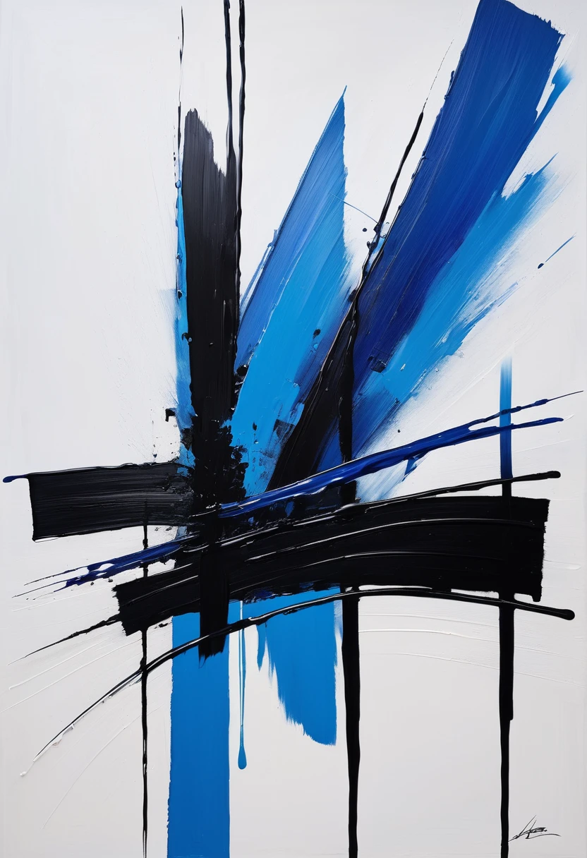 Blue on white background、Black oil painting, 现代Minimalism艺术品，Show love for life，( ( Brush Strokes ) ), ( ( Abstract ) ), ( Brush Strokes ), Inspired by Hans Hartung, inspired author：Franz Kline, author：Franz Kline, lyrical Abstraction, Abstract realism, an Abstract, Abstract Minimalism, Abstract and / or modernism, Brush Strokes oil painting, Minimalism, Blue and black