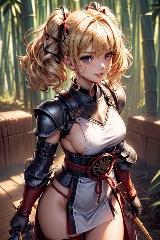 #Basics A girl is posing for a photo, animeのかわいい女の子, (((One Girl, Baby Face, Young girl, ))),
BREAK
#Clothing Accessories
((Red and Black)Armor with a yukata motif, breastplate, Gauntlet, Combat Boots, Apron),
BREAK
#Features
((Blonde:1.4), Curly hair:1.4, (Twin tails : Short Hair + Full and voluminous hair + White ribbon)),
(Droopy eyes, blue eyes), (Small breasts),
BREAK
#background environment
((Morning Glow, bamboo forest:1.4, well)),
#Facial Expression Pose
((Wicked Smile), (Are standing)),
#composition
((Face the camera, Angle from the front, Cowboy Shot:1.4)),
BREAK
#Body parts elements
(Detailed hair, Beautiful Hair, Shiny Hair),
(double eyelid, Long eyelashes),
(Expression of fine eyes, Beautiful and delicate eyes, Sparkling eyes, Eye Reflexes, Glitter Eyeliner),
(Human Ear),
(Beautiful Nose, Thin Nose),
(Glossy lips, Beautiful Lips, Thick lips, Glossy Lips, Natural Cheeks),
(Detailed face, Symmetrical facial features),
(Detailed skin, Textured skin, Beautiful Skin, Shiny skin),
BREAK
#Quality
(((Highest quality)), ((masterpiece)), ((Very detailed))), ((High resolution), (16K,1080P)),
(Realistic), (Anatomically correct),
((comics, anime)), (3DCG), CG illustration,