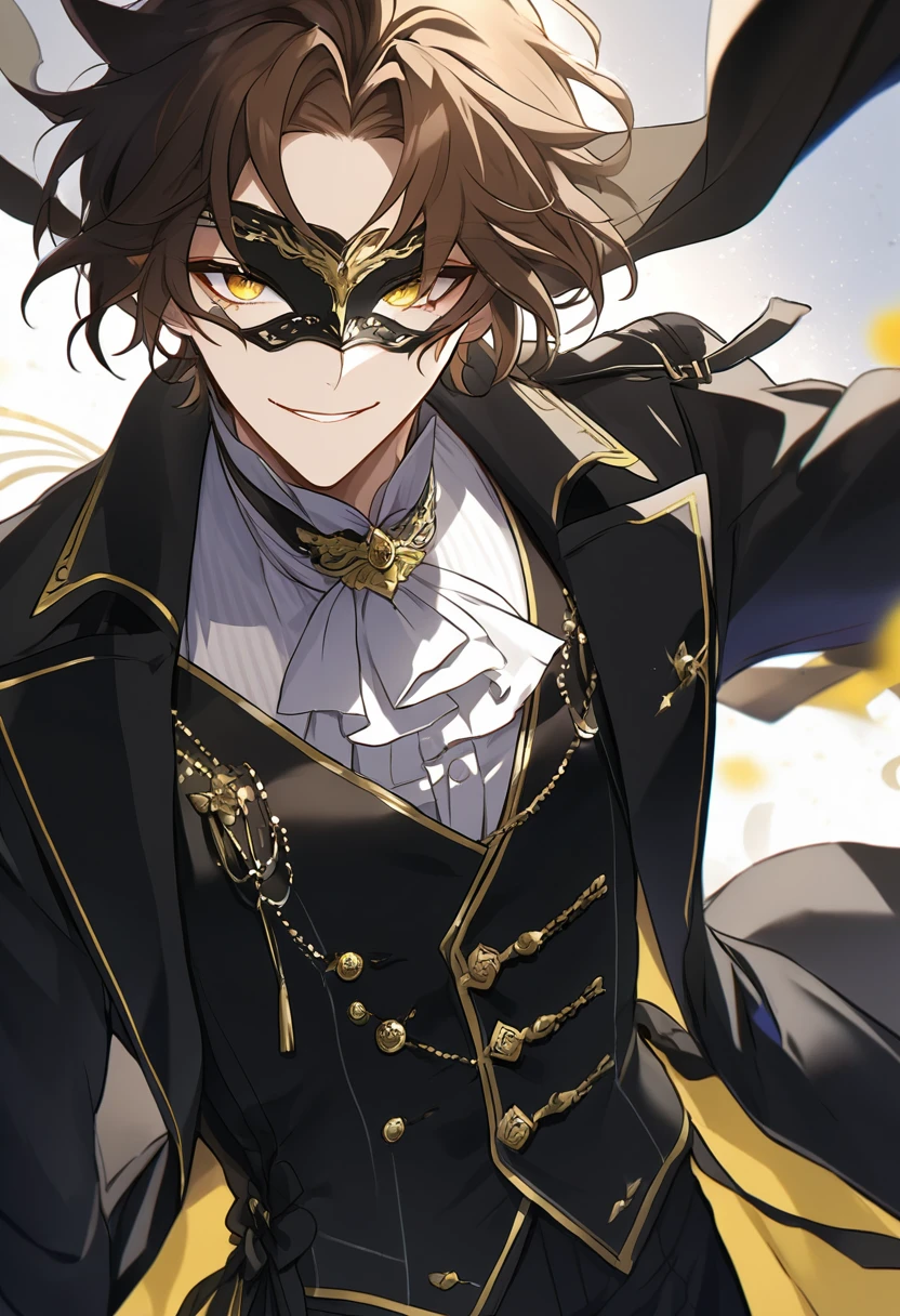 Solo, male, brown hair, yellow eyes, white half mask, smile facial, white shirt, black vest, black coat, masquerade