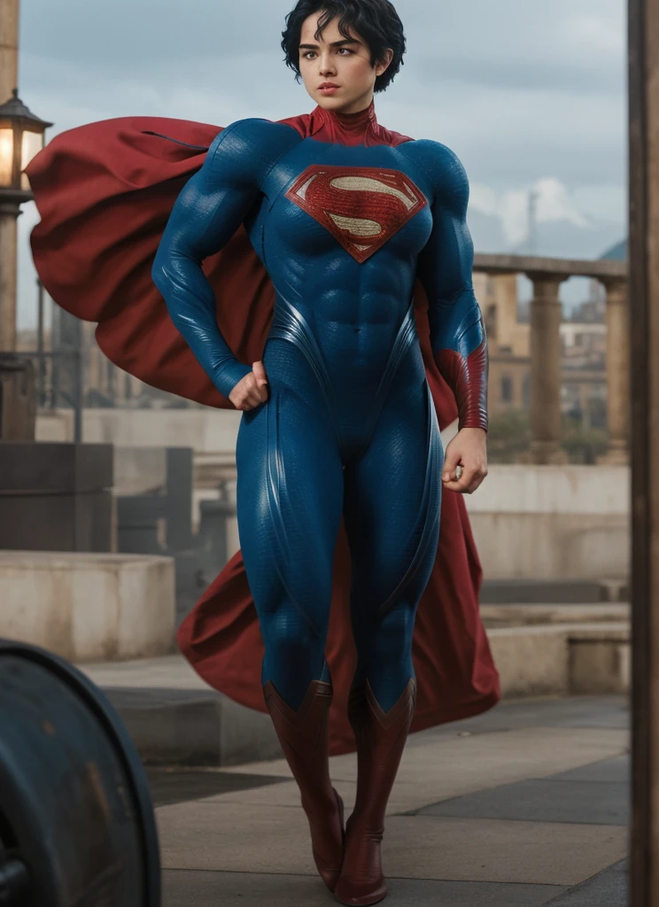 solo, 1girl, 5uper, supergirl, black hair, pixie haircut, blue eyes,muscular strong body,big bulging biceps, blue bodysuit,posing,flexing, long sleeves,high detail,realistic