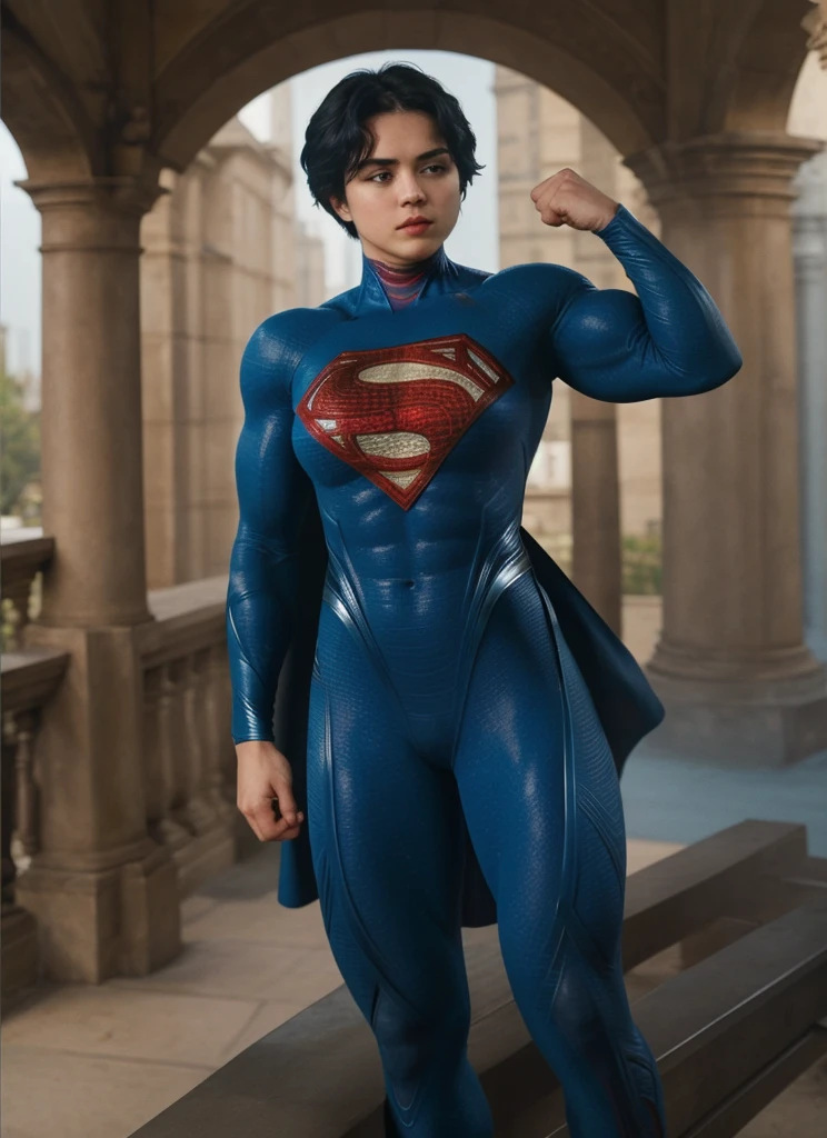 solo, 1girl, 5uper, supergirl, black hair, pixie haircut, blue eyes,muscular strong body,big bulging biceps, blue bodysuit,posing,flexing, long sleeves,high detail,realistic