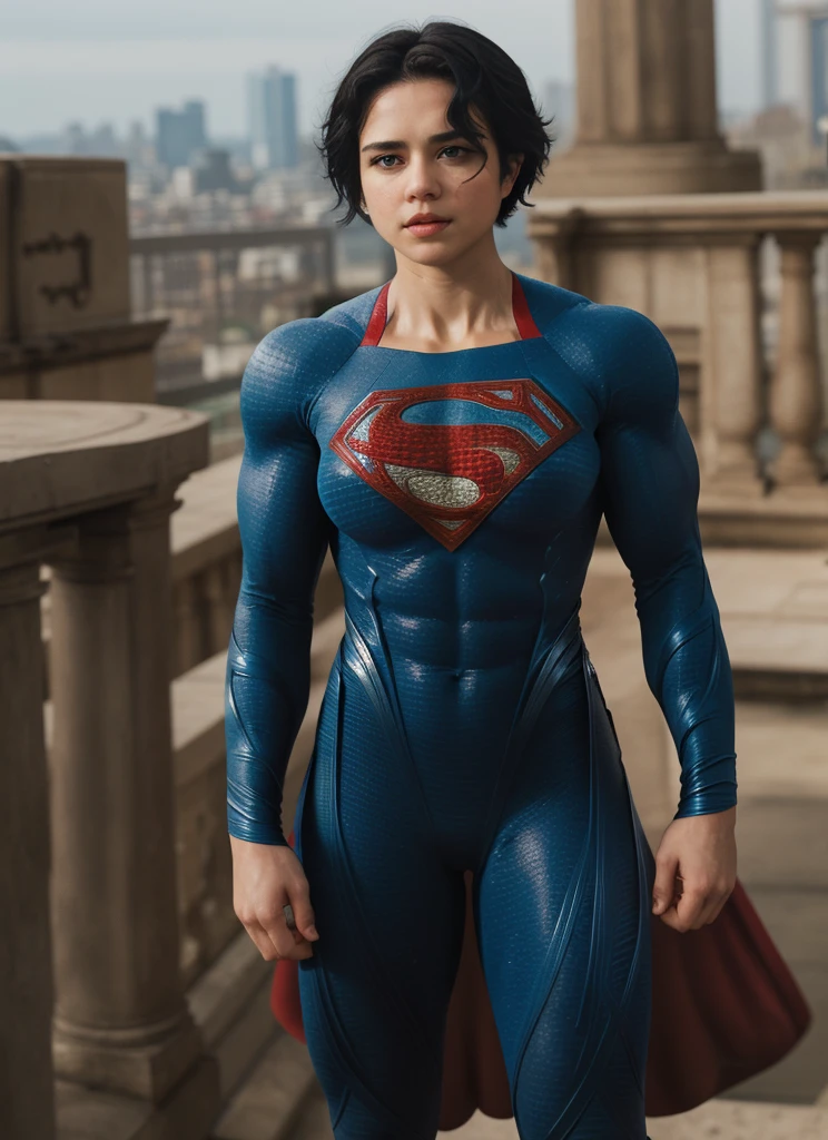 solo, 1girl, 5uper, supergirl, black hair, pixie haircut, blue eyes,muscular strong body,big bulging biceps, blue bodysuit,posing,flexing, long sleeves,high detail,realistic
