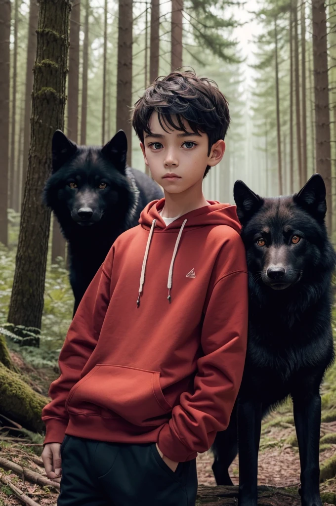 A boy in a red sweatshirt in the middle of the forest next to a black wolf with green eyes