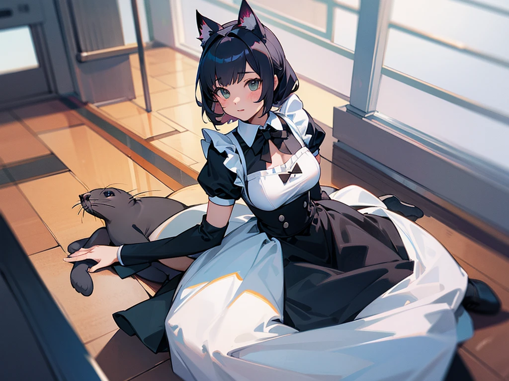 A cat, a seal, and a girl wearing a maid outfit with cat ears