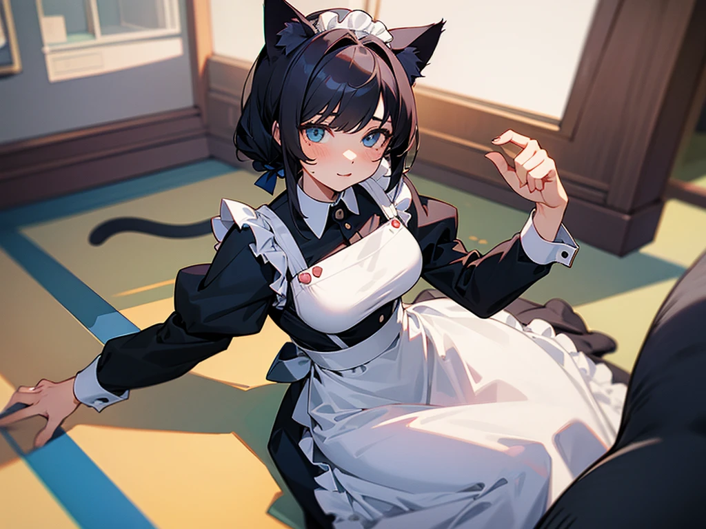 A cat, a seal, and a girl wearing a maid outfit with cat ears