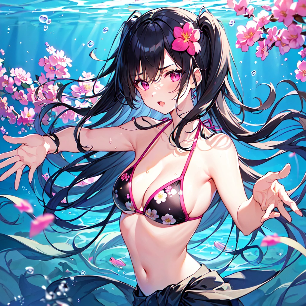 masterpiece, best quality, high quality, extremely detailed, very delicate and beautiful, (2female 18 years old two:1.3), (long black hair up to waist with two side up:1.4), bangs to eyebrows, eyes (1.4), (long black hair, two-side up to waist:1.4), (forelock to eyebrows), (eyes sharp and strong, glossy glossy eyes, eyebrows glossy: 1.3), (eye color magenta: 1.3), 6.5 head height, (summer flower print in bikini swimsuit: 1.3), (swimming: 1.3), (dynamic pose), (background deep sea underwater: 1.3), (upper body:1.3)