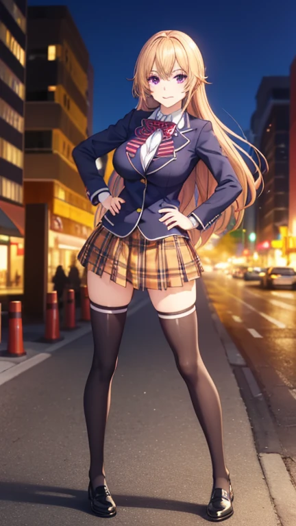 32k, best quality, 1girl, skirt, thighhighs, bow, , jacket, pleated skirt, shoes, black thighhighs, The Great Passage, plaid, plaid skirt, blazer, red ribbon tie, , tootsuki , skirt, plaid skirt, thighhighs, black thighhighs, pleated skirt, plaid skirt, Neckband, wide, by rubio, big breasts, purple eyes, Thighs, Side locks, pointing, hand on hip, tits, pink panties,   Masterpiece, Best Quality, high resolution, Beautiful detailed eyes, extremely detailed face, good lighting, Detailed CG, messy hair, bright lips, city street, evening, neon lights, looking back at the viewer, standing, flirtatious smile.