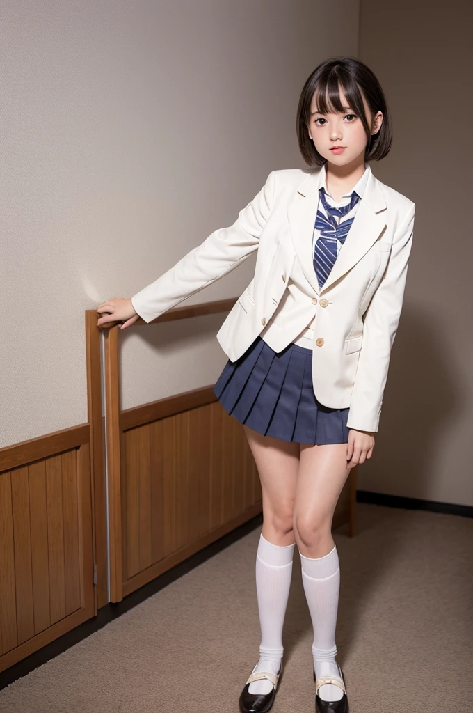 white collared shirt, blazer, bowtie, necktie, pleated skirt, micromini skirt, bobby socks, , white socks, loafers, school shoes,striped panties,(( pantyshot, panties shot)),,skirt up.cowboy shot.spread legs.((full body)).23yo .pee stain