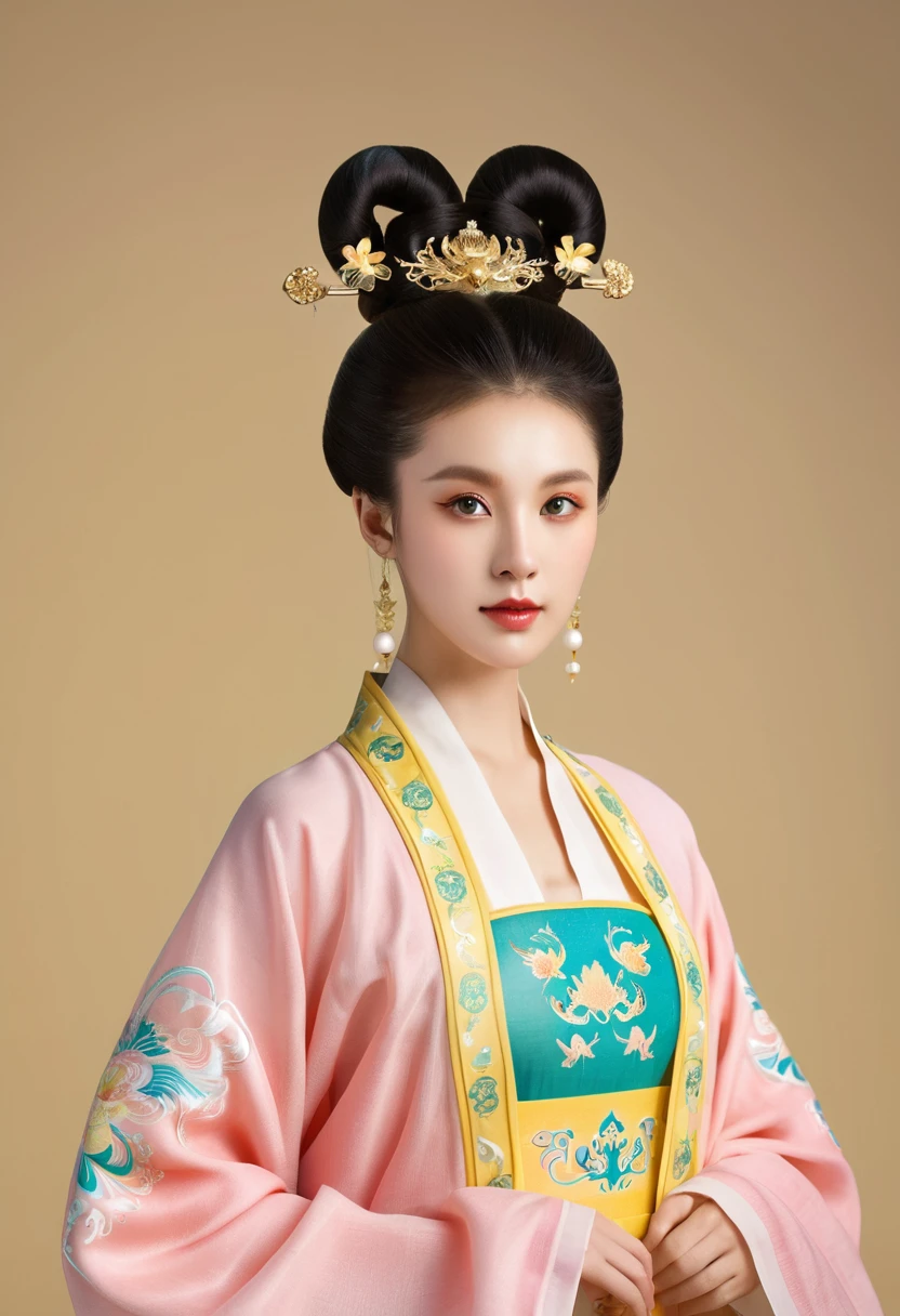 Beautiful girl portrait，Fairy，symmetry，Round Face，Bright Eyes，Smooth skin，Chinese Tang Dynasty Flag Costume,egotistical,High bun，palace，Long flowing sleeves，Clean background