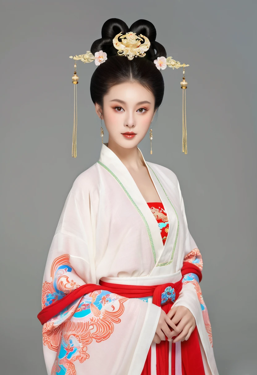 Beautiful girl portrait，Fairy，symmetry，Round Face，Bright Eyes，Smooth skin，Chinese Tang Dynasty Flag Costume,egotistical,High bun，palace，Long flowing sleeves，Clean background