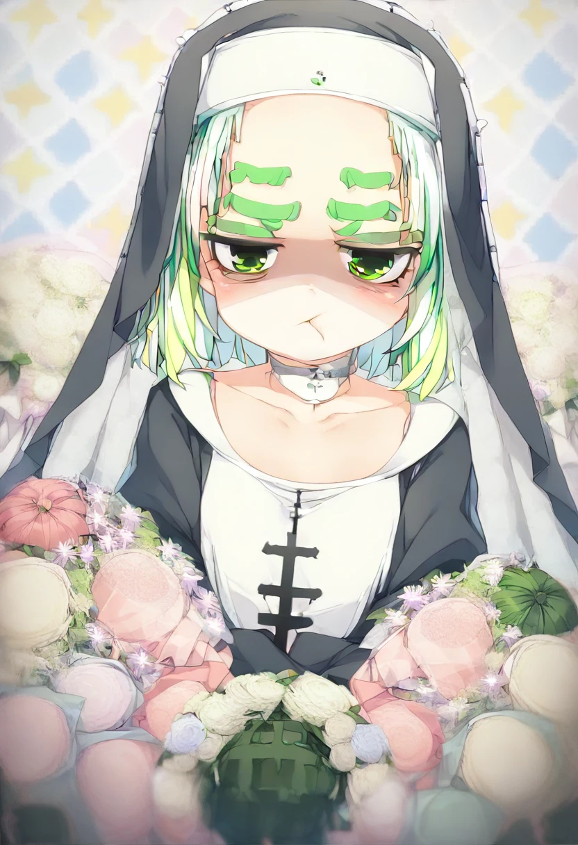 score_9, ,score_7_up, score_6_up, 1girl, source_cartoon, source_anime,breathtalking Scenery,watercolor,smooth soft skin, natural skin,mjm
BREAK
(loli:1.4),( female child: small breast,cute face, (loli toddle1.1), yo,kawaii, (highlight on eyes), (jiggly:0.8), shiny skin,beautiful eyes, detailed eyes, puffy eyes,
BREAK
(medium green hair:1.3),(green maro eyebrows:1.6),slightly grumpy,(pout:1.2), ::(, (jitome),(frown:0.6),white streaked hair, green eyes,
BREAK
(zigzag pattern nun dress), (pastel veil:1.2),choker,nun,excessive detailed collarbone,exposed collarbone, dynamicangle,
BREAK
upturned eyes,flowerbackground,flowergarden,flower bouquet, (digits behind bouquet:1.3), (hands behind bouquet:1.3),falling petals,
(holding bouquet:1.1), celebration, Congratulations,confetti, bloom effect,dynamicangle,pastelcolor,