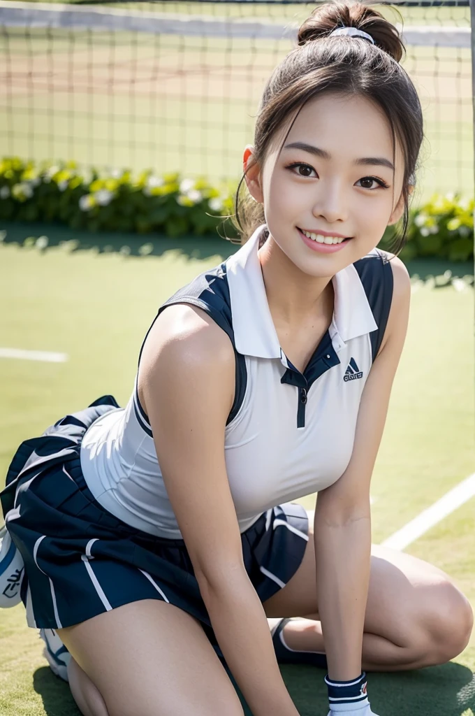 Pure Japanese tennis girl, outstanding body, beautiful legs, shiny white skin, sweat and wet, wearing tennis wear, natural hairstyles, sweet smile, sitting seductively on bench, secretly seduce me, sexual attractive, spread wide legs, refreshing in early summer morning, composition from the front, 