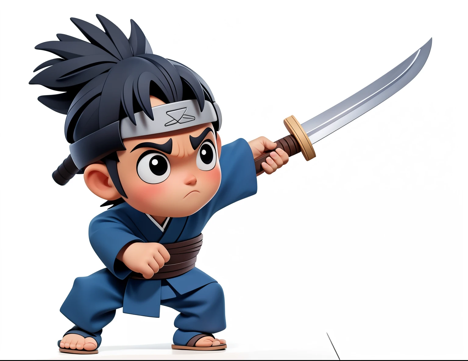 whole body、《Q version boy》、Holding a samurai sword、Holding a samurai sword的卡通男孩, High-quality character design, Angry character wielding a sword, Holding a samurai sword、Hands clenched into fists、The fingers must be delicate、The fingers are clearly defined、Finger details、Samurai Costume、kimono、Clothing needs details、The shoes are clogs、Show your toes、Toe details、Ninja、Half squat posture、Hero Action Poses、Super Detail、Fearless expression,Blind Box Toys、Pixar style、