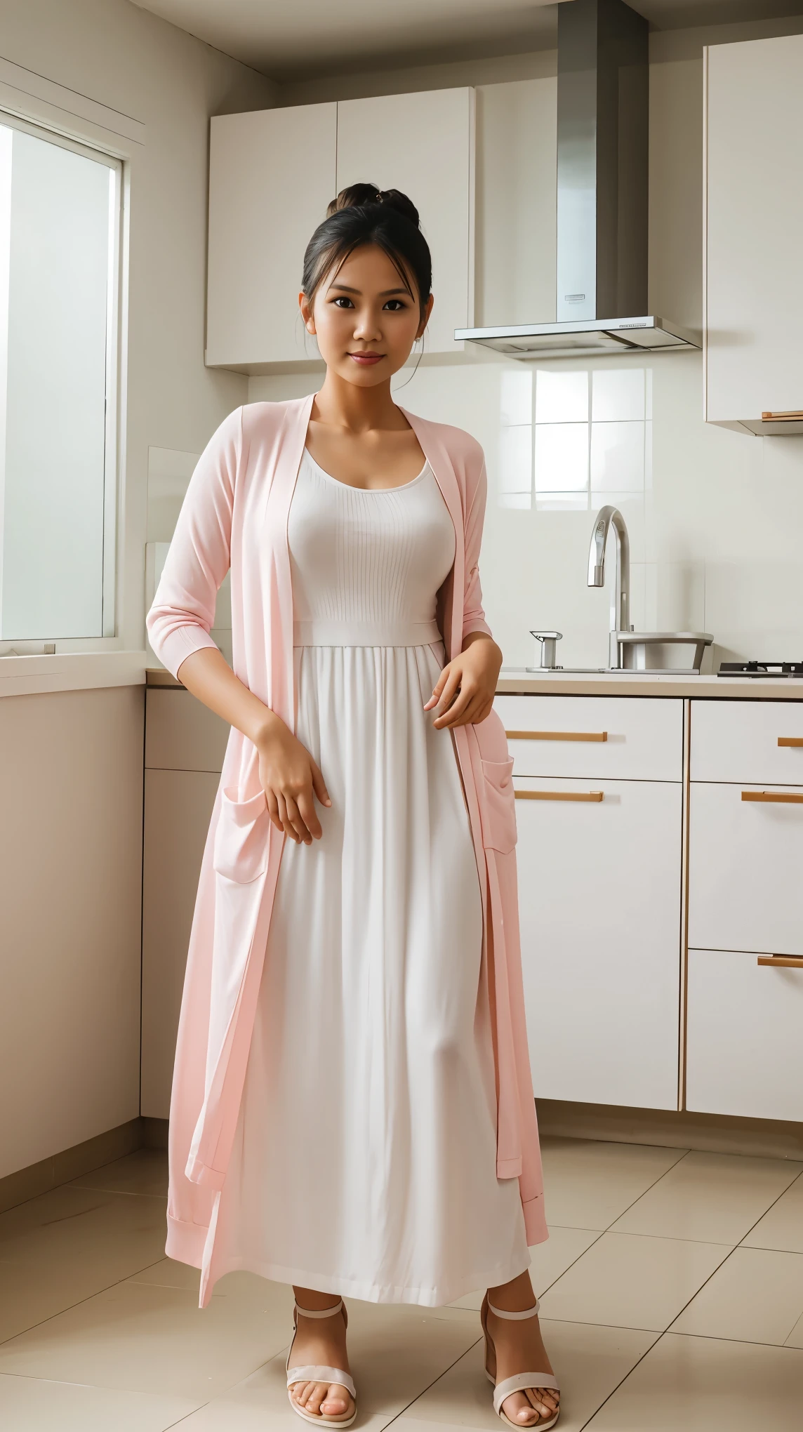 full body, Realistic, wide shot, Photography, Indonesian women, Housewife, 22 years, high bun hair, slim body, fair skin, cute face, white maxi dress, long pink cardigan, and sandals, standing in the kitchen, facing the camera, stand up straight, graceful pose, sweet expression, detailed face, detailed background, bright light, sunlight