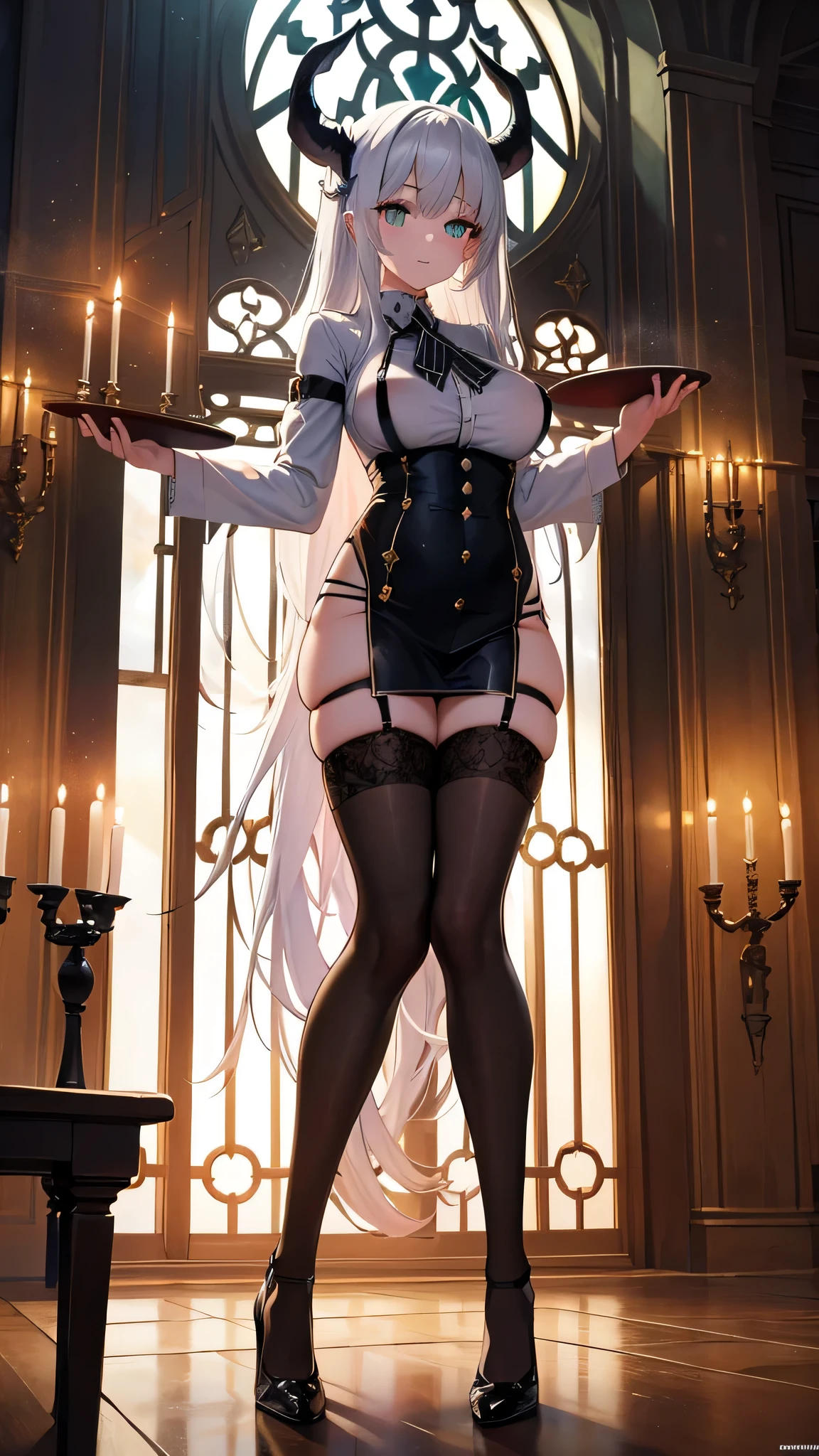 Masterpiece, top quality, best quality, official art, beautiful and aesthetic, anime, 1girl,extremely detailed, colorful, more detailed ((ultra-detailed)), (highly detailed CG illustration),Best Quality, High resolution, Unity 8k Wallpaper, (Illustration:0.8), (Beautiful detailed eyes:1.6), extra detailed face, Perfect Lighting, extremely details CG, (Perfect hands, Perfect Anatomy), church, benches, icons, candles, dark light, crosses, 1girl, 30 years, long white hair,big green eyes, devil horns,church robe,medium breast,stockings,stocking suspenders,heels,staing in middle,looking in camera, from below