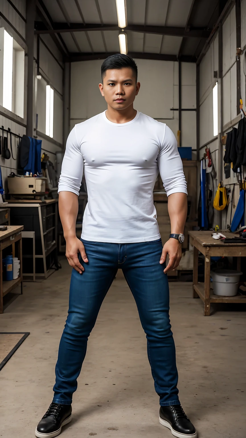 full body, Realistic, Photography, Indonesian men, 28 years, short haired, stocky muscular body, White shirt, black leather jacket, long blue jeans, and leather shoes, standing in the workshop, facing the camera, stand up straight, masculine pose, calm expression, detailed face, detailed background, bright light, sunlight