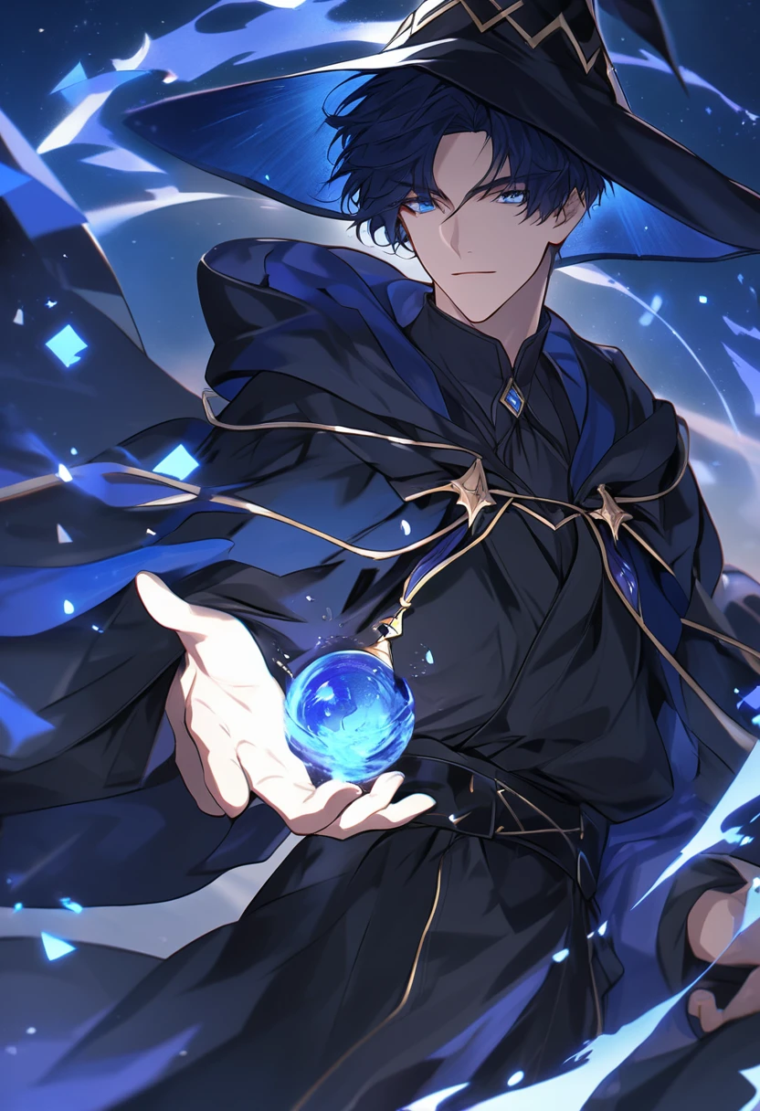 male, solo, short hair, dark blue hair, blue eyes, handsome, wizard, black robes, black point hat