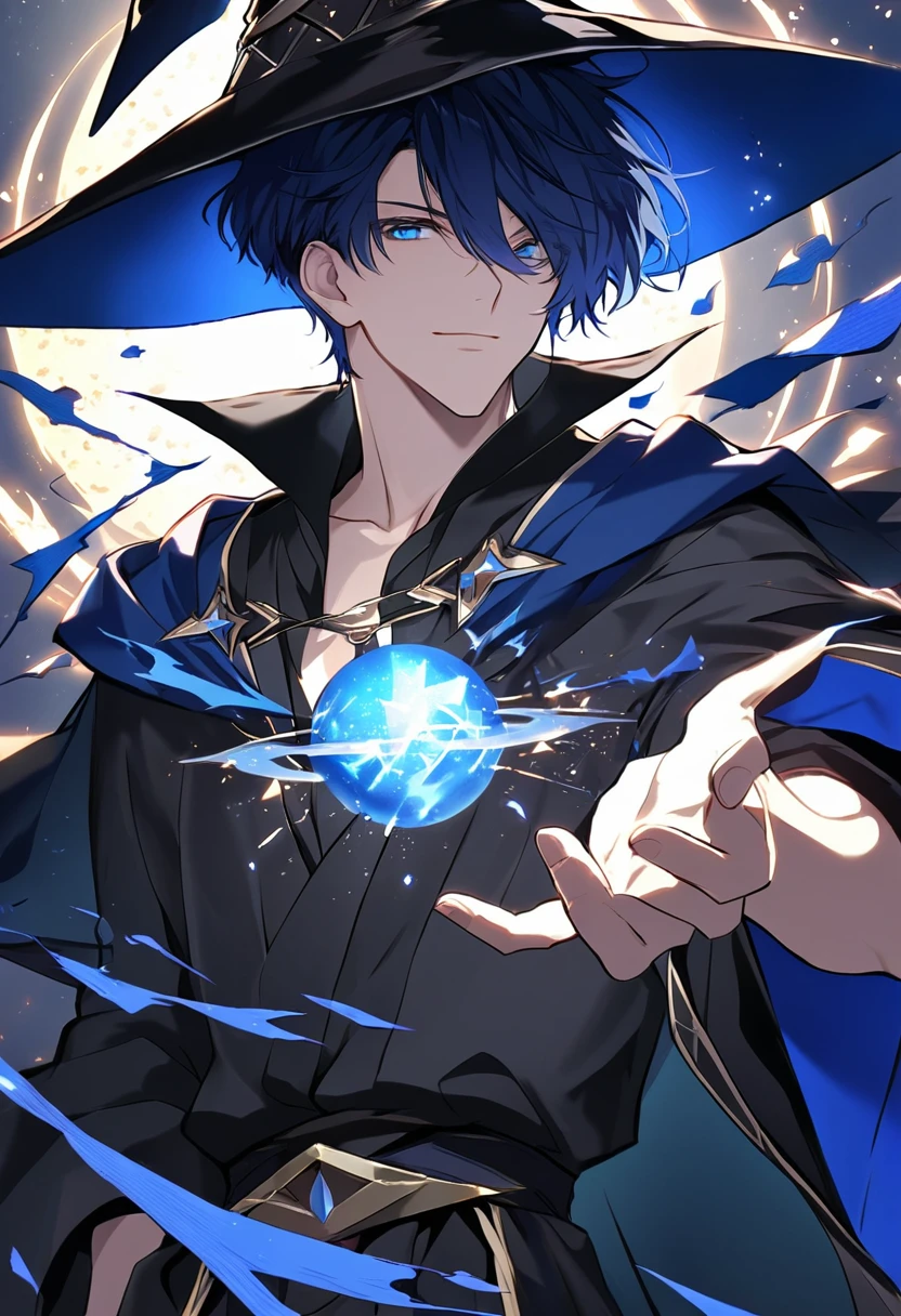 male, solo, short hair, dark blue hair, blue eyes, handsome, wizard, black robes, black point hat