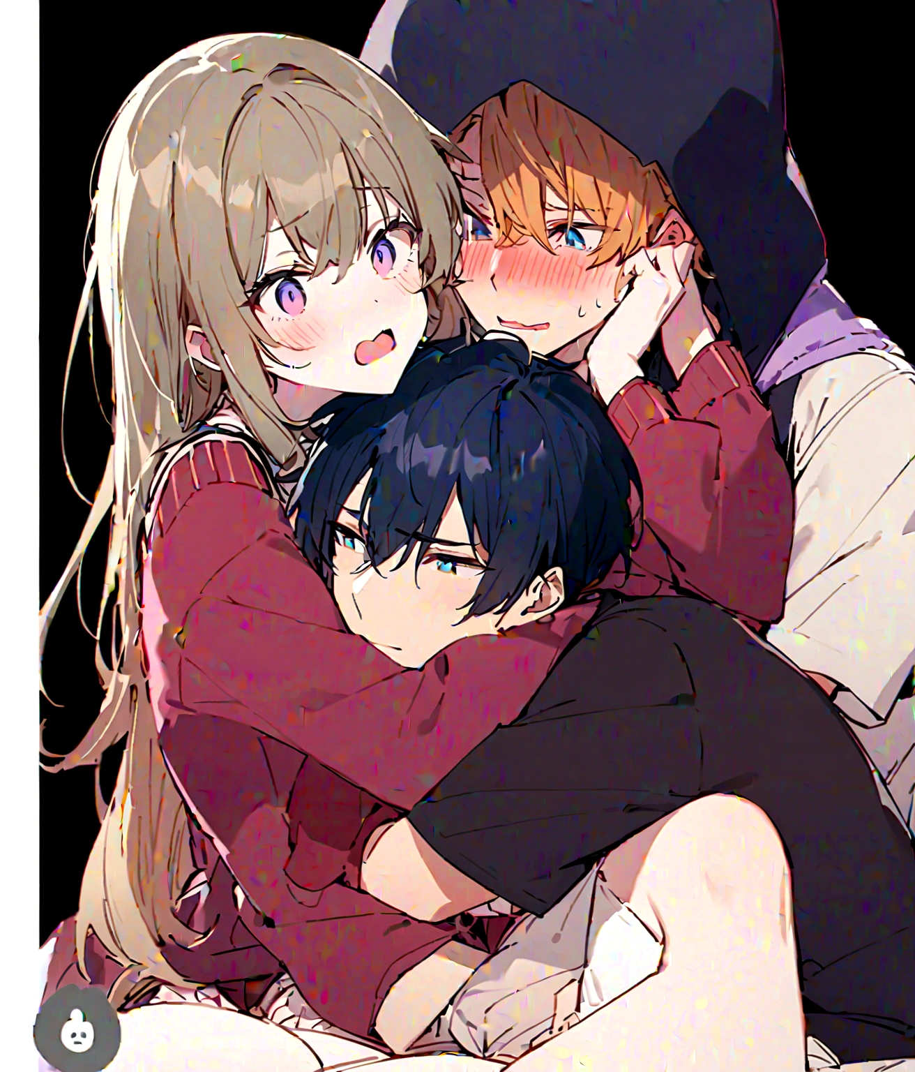 A handsome boy with orange hair and blue eyes, hugging a beautiful girl with short white hair and violet eyes. The boy is being possessively clingy, burying his face in the crook of her neck while hugging her waist from behind. The girl is blushing from embarrassment. They are both wearing simple modern clothes and are front-facing.