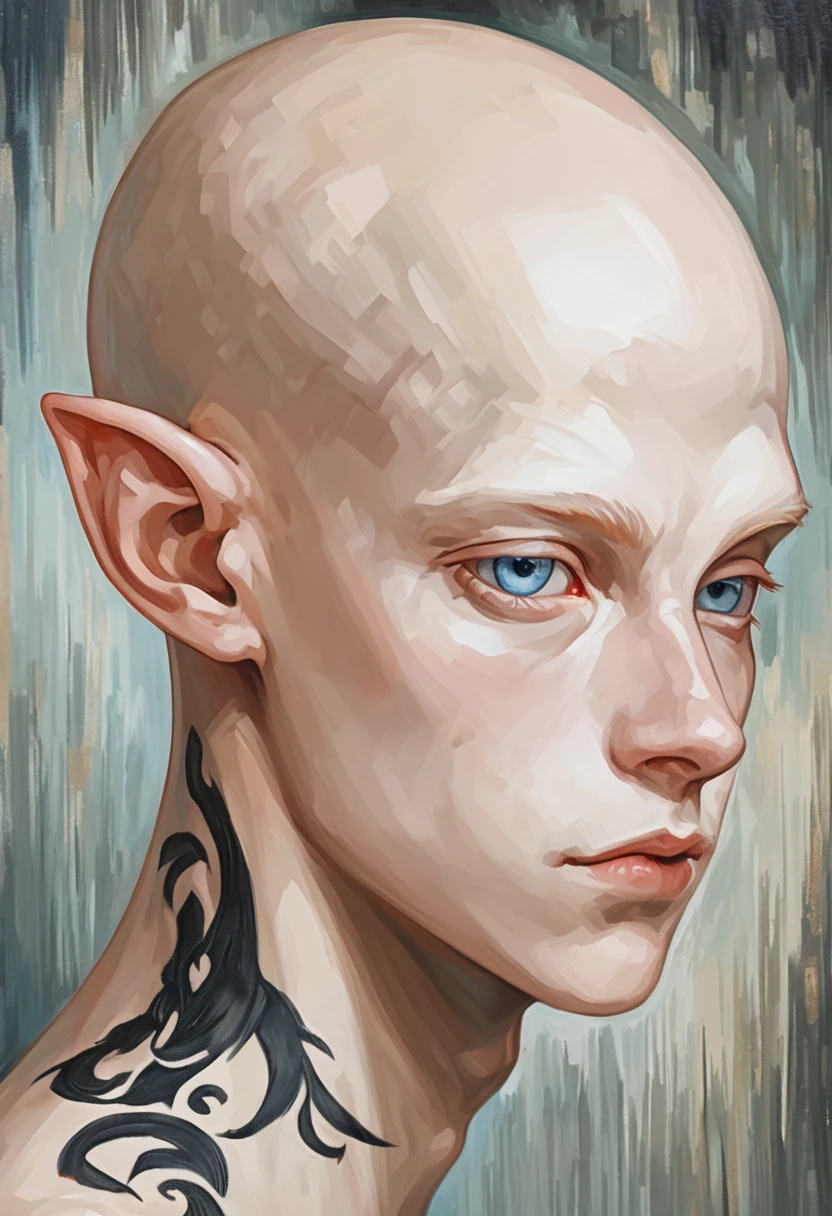 score_9, score_8_up, score_7_up, Portrait of a young male albino elf, with bald head and black tattoos and eye, oil painting, close to face, portrait