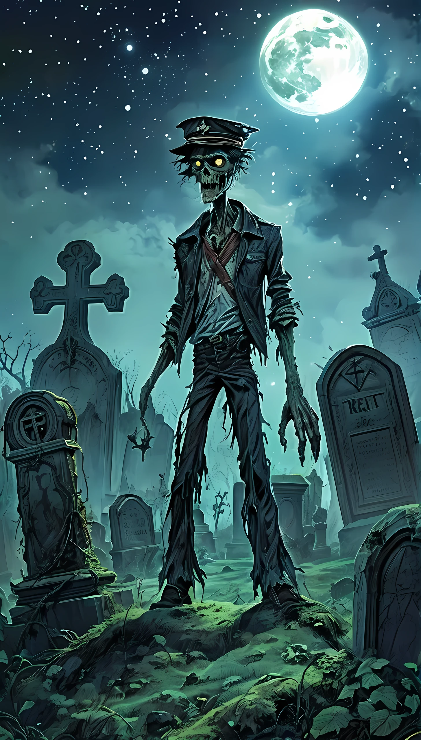 ((Primanter in maximum resolution of 16K, with the cartoon horror style inspired by Tim Burton, emphasizing a dynamic 3D perspective)). | A zombie sailor, characterized by classic elements of Tim Burton's style, is positioned in a gloomy and haunted cemetery. It is surrounded by a low fog, with a starry sky in the background, which contrasts with the macabre atmosphere of the environment. The scene includes clay, tombs, tombstones, a mausoleum covered with mosses, thorns, branches and roses, all with vivid and clean colors. The dramatic luminosity and high contrast create a chilling and engaging atmosphere. | The scenery is enriched by details such as twisted trees, elongated shadows and crows perched on tombstones in the foreground. The stars in the sky shine brightly, while the full moon illuminates the scene with a pale and ghostly light. | The three-dimensional and Dutch angled composition adds a surreal touch to the scene. | The cinematographic lighting, with elements of brightness and soft lighting, highlights the details of the zombie sailor and the scenery. The effects of ray tracing and volumetric lighting accentuate depth and contrast, creating a sense of space and immersion. | The zombie sailor, with his decomposed skin, empty eyes and worn sailor clothes, is portrayed with precision and intricate detail. The creeping fog around it and the starry sky in the background add a layer of mystery and supernatural beauty. | The scene captures a moment of loneliness and contemplation in a frightening and beautiful environment, with the zombie sailor looking at the starry sky with an expression of melancholy. | The camera is positioned very close to him, revealing his entire body as he assumes a dynamic-pose, interacting with and leaning against a structure in the scene in an exciting way. | (((He takes a dynamic-pose as he interacts, boldly leaning on a structure, leaning back in an exciting way))). | (((((full body image)))).