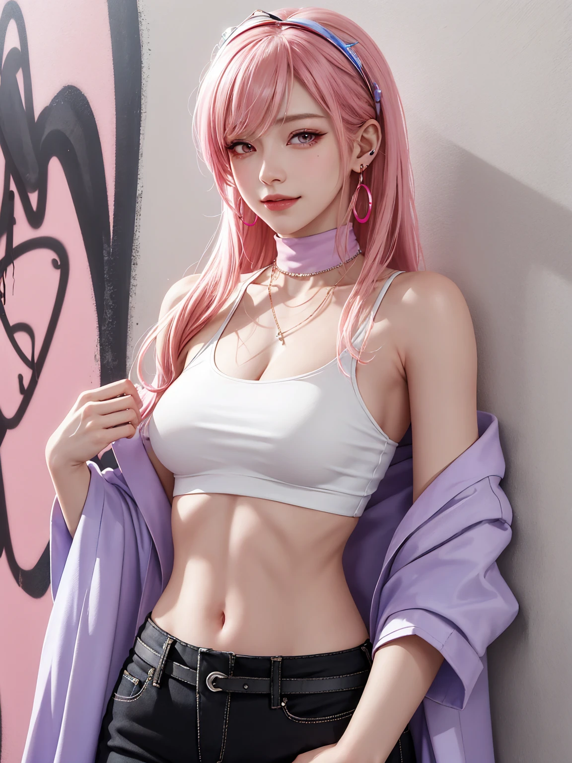 (Masterpiece, best quality, 1 girl, alone, complicated details, Chromatic aberration), realistic, ((Moderate breath)),long hair, pink hair, Red headpiece, Pink Highlights, hair on one eye,purple eyes, earring, sharp eyes, choker, Neon coat, She wears a collar, bangle, and kimono style garters., crop top, (symmetrical eyes),(Perfect symmetrical body),against the wall, Brick wall, (colorful graffiti words on the wall:1.2), The light is dim., alley ,Look at the viewer.、Dig the chest、smile、(sleeveless、Navel touch、Fitted turtleneck.)、street string hot pants、Thin bottom、Please build above the eaves..、Thin shoulders、in underwear、in sportbar、